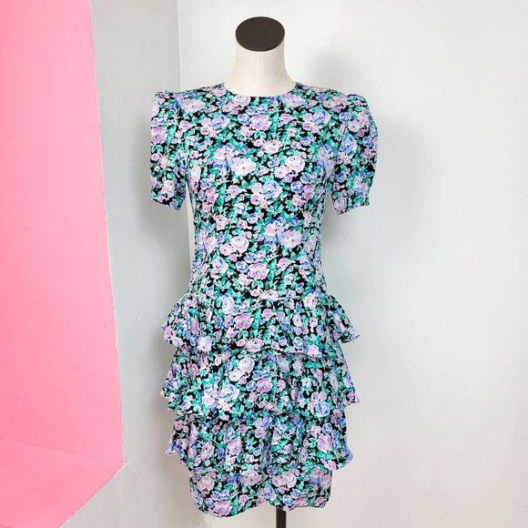 Vintage 80s Pastel Floral Print Ruffled Party Dress - Picture 3 of 9